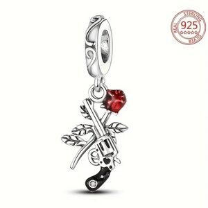 925 Sterling Silver and Red Charm with Gun and Rose Design